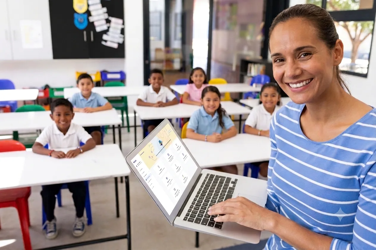 Maestros de primaria usando una laptop con inteligencia artificial para planear su clase en el salón