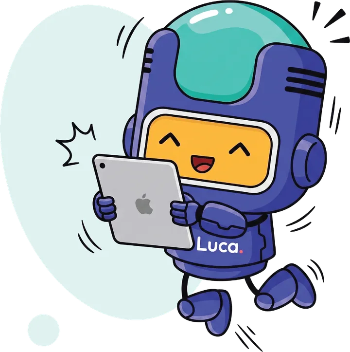 Robot mascota de Luca sosteniendo una tablet