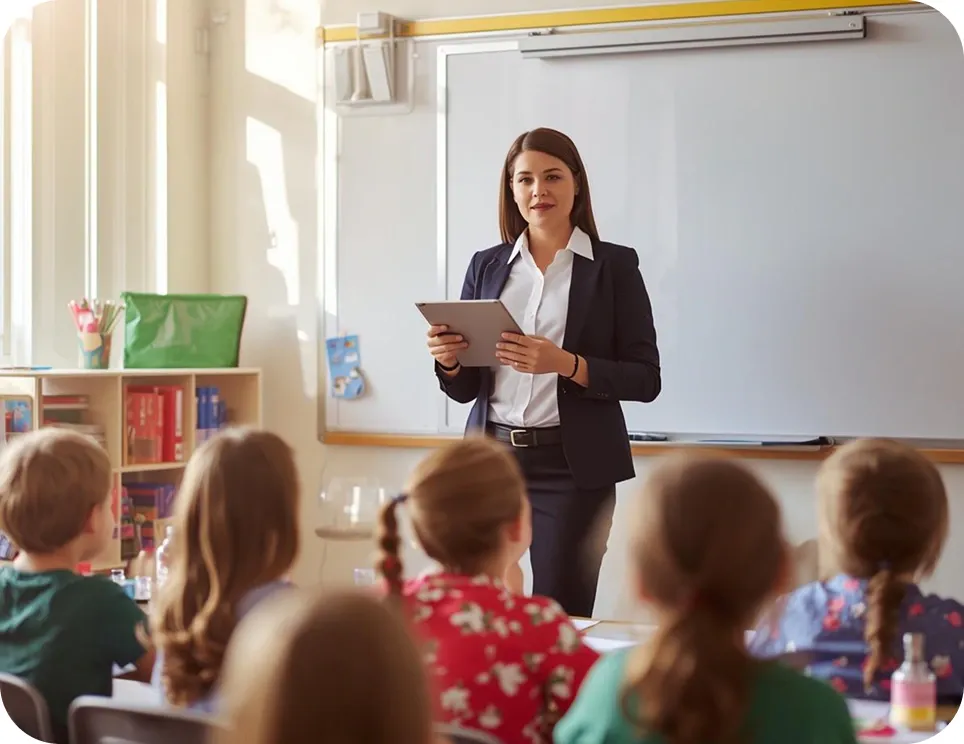 Docente con tablet frente a un grupo de niños en el aula