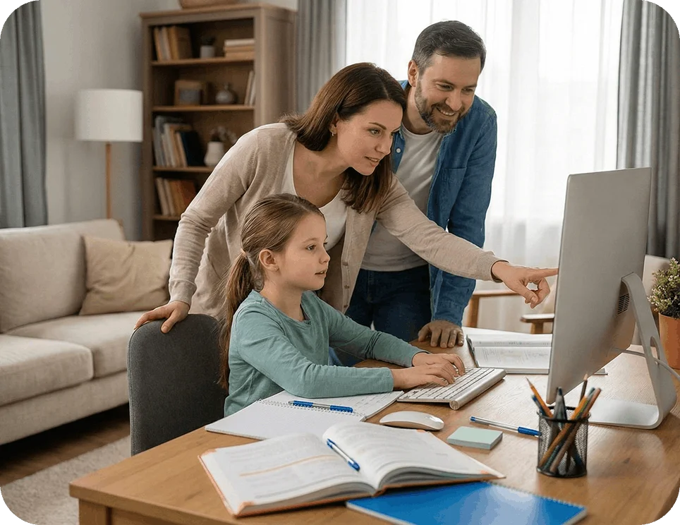 Familia revisando el aprendizaje en casa